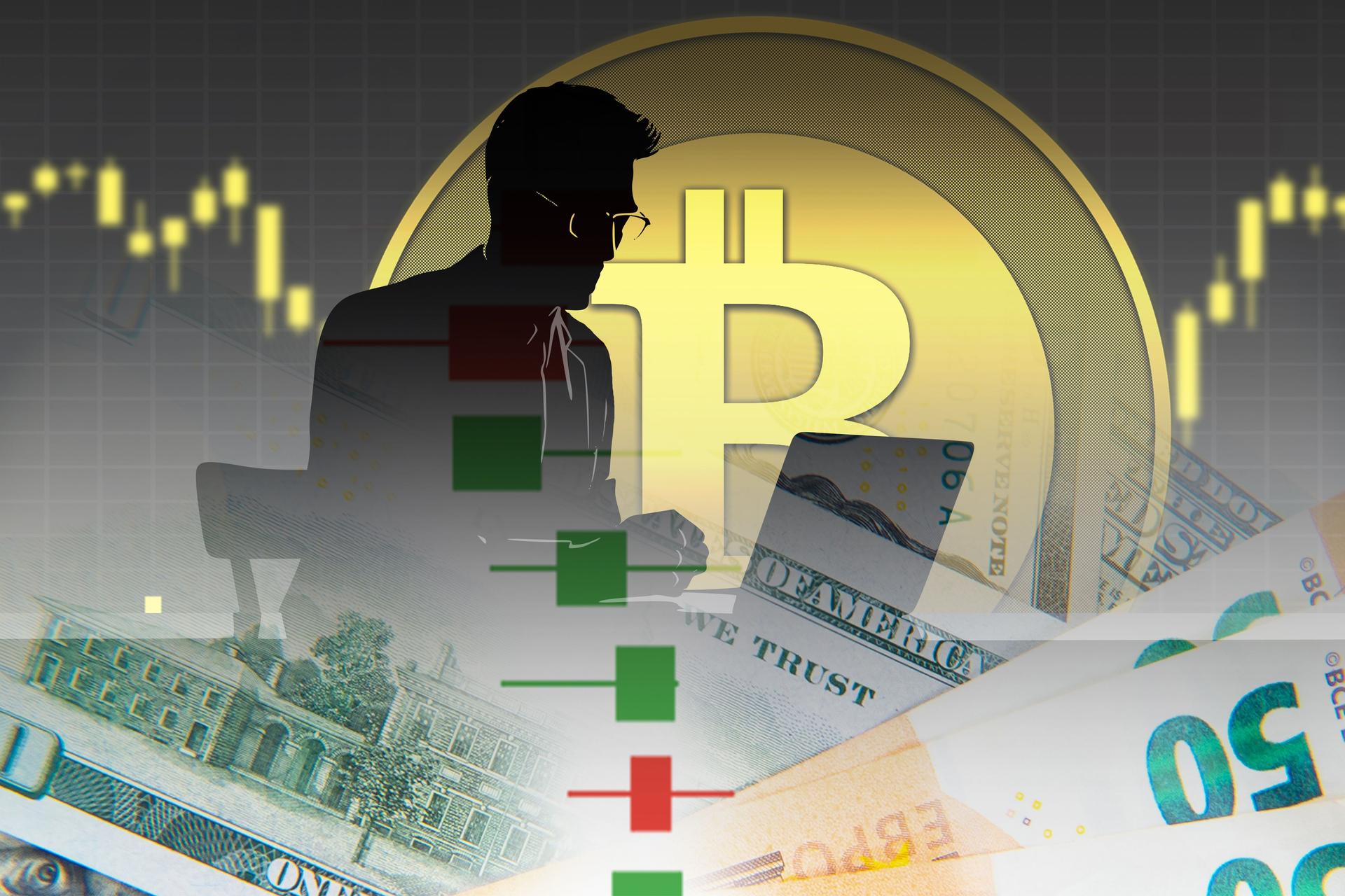 Bitcoin trader. Dollar and euro bills. Silhouette of male investor. Bitcoin coin. Cryptocurrency trading. Exchange fiat money for bitcoin. Investor monitors cryptocurrency exchange rate. 3d image