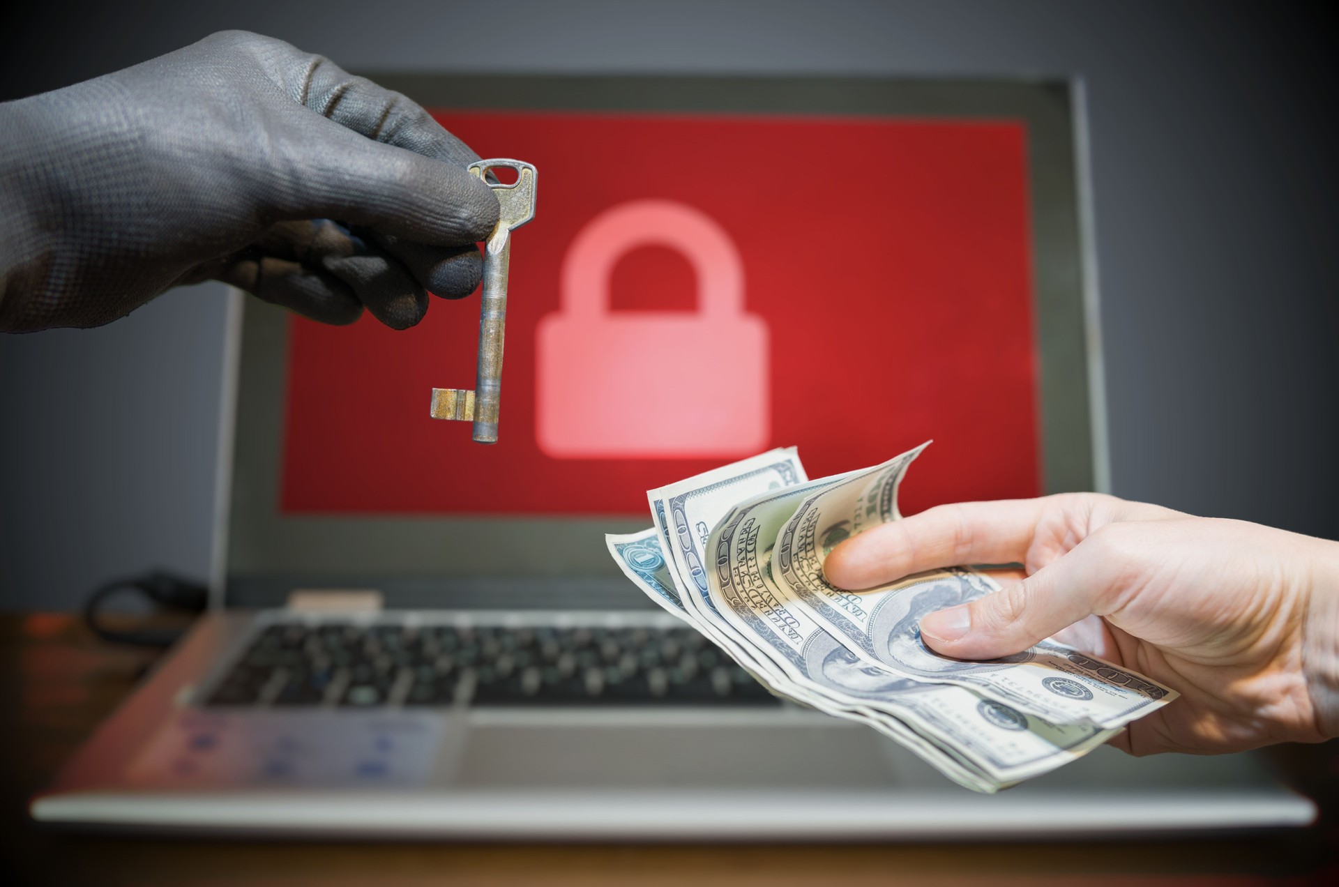 Computer security and hacking concept. Ransomware virus has encrypted data in laptop. Hacker is offering key to unlock encrypted data for money.