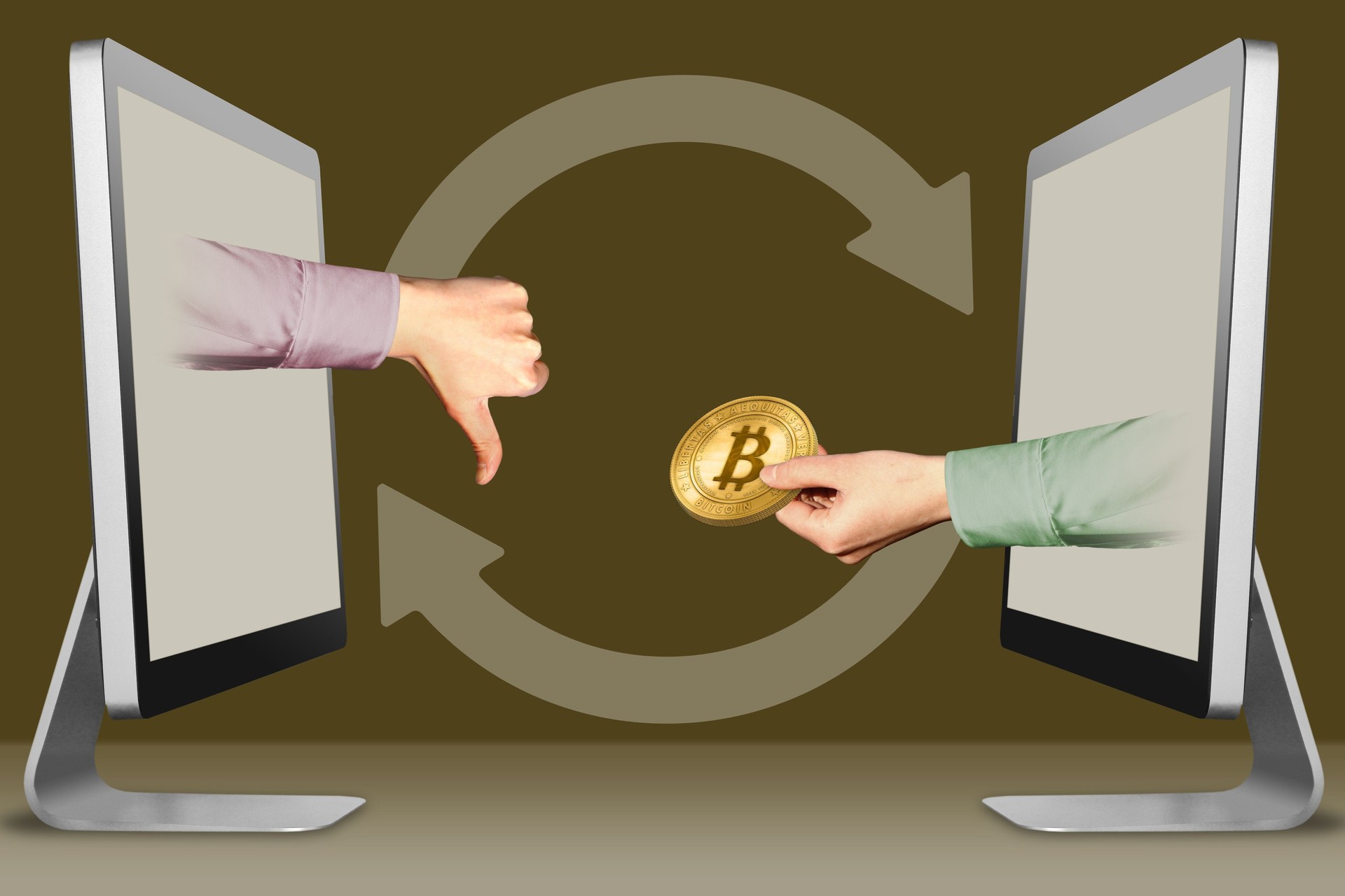 online concept, two hands from laptops. thumbs down, dislike and hand with bitcoin. 3d illustration