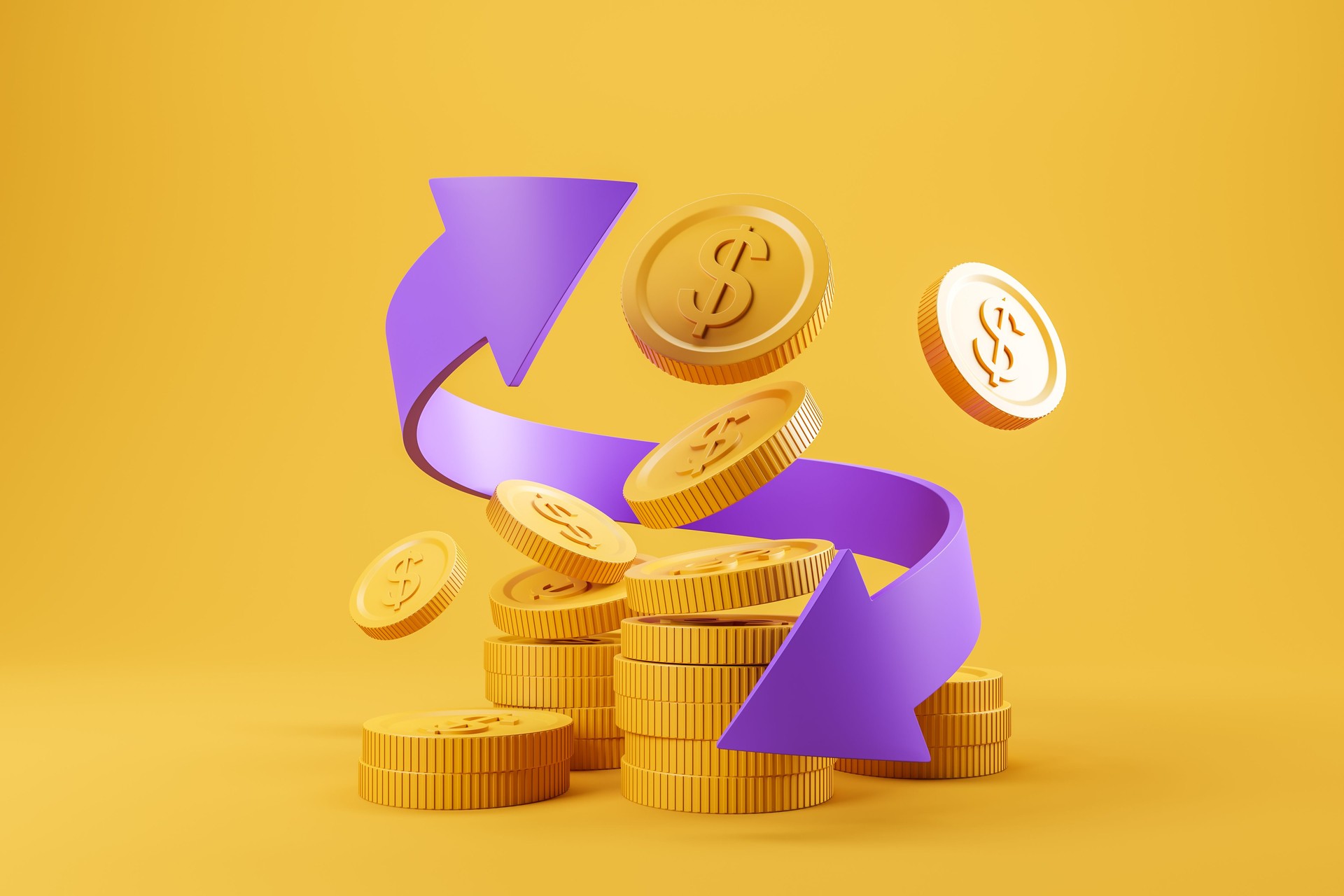 Golden coins on bright background, online payment and refund