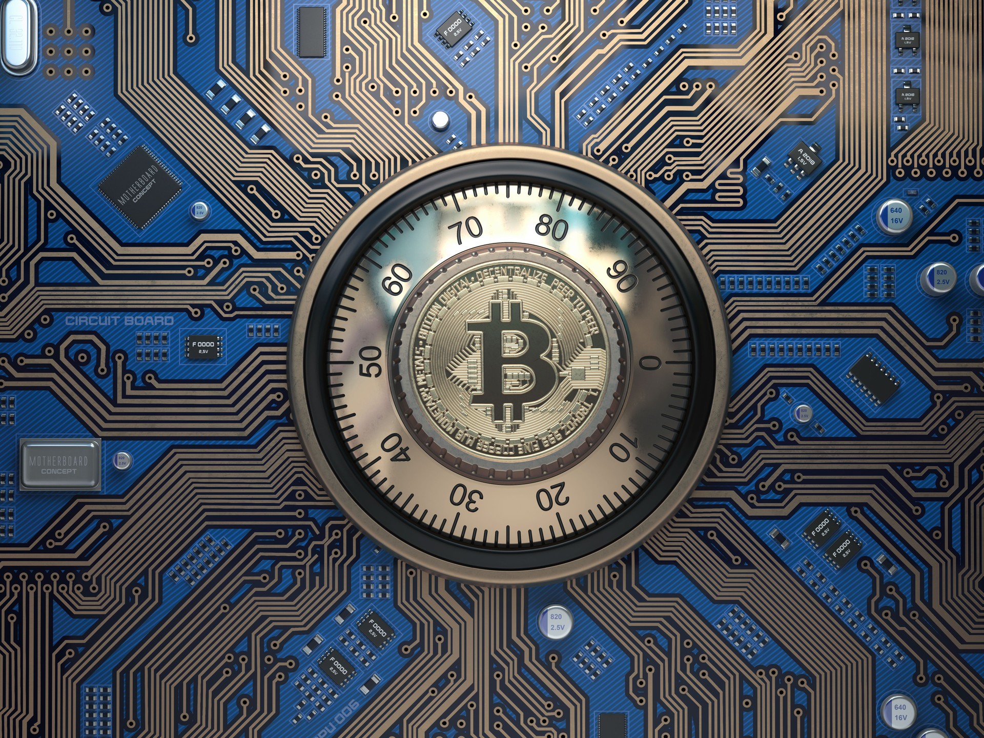 Bitcoin cryptocurrency security  and mining concept. Safe lock with symbol of bitcoin on circuit board.